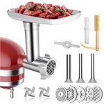 HOMGEN Meat Grinder Attachment for All Kitchenaid Stand Mixers - Durable Stainless Steel Food Meat Grinder Attachment Included 3 Sausage Stuffer Tubes，5 Grinding Plates，2 Grinding Blades，1 Brush