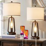 Set of 2 Farmhouse Table Lamps with Rotary Switch, 3-Way Dimmable Bedside Touch Lamp with USB Ports, Bedroom Nightstand Lamp, Rustic Industrial Desk Lamps for Living Room Reading, Bulbs Included