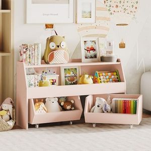 Fulhope Toy Storage Organizer for Kids, Toy Storage Cabinet with Drawers, Boys and Girls Toy Shelf with Wheels, Toy Organizer Kids Bookshelf with Storage for Nursery, Playroom, Bedroom (Light Pink)