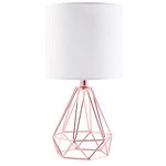 VONLUCE 18” Modern Table Lamp Geometric Wire Cage Desk Lamp with Rose Gold Hollowed Out Reinforced Metal Base, White Fabric Shade, Nightstand Accent Lamp for Bedroom Bedside Living Room, UL Certified