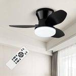 Yoedivu Small Ceiling Fan, 24 Inch Black Flush Mount Ceiling Fan with Lights and Remote, Low Profile Ceiling Fan with 3 Reversible Blades 6 Wind Speeds, Modern Ceiling Fan for Bedroom Kitchen