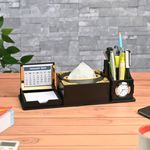 GKD 7 in 1 Desk Organizer with Clock and Table Calendar Office Table Accessories 2024/2025 Calendar with tissue box holder & remote holder wooden pen stand (Premium finish & Free Tissue Paper)