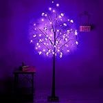 Twinkle Star 6FT Halloween Decorations Black Spooky Tree, Glittered with 96 LED Purple Lights and 24 Bats, 24V 3.6W Low Voltage Lighted Artificial Tree Decor for Indoor Holiday Party All Saints Day