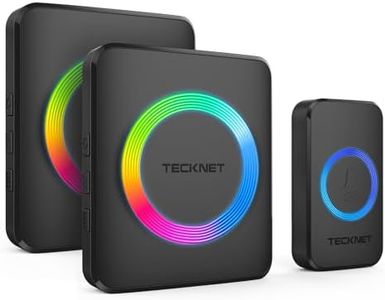 TECKNET Wireless Doorbell, Waterproof Mini Doorbell with 2 Plug-in Receivers, Cordless Door Chime Kit with 1300ft Range, 38 Chimes, 4 Level Volume, Colorful LED Flashing (Black)