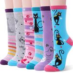 EBMORE Kids Girls Socks Cotton Crew Cute Gifts Animal Pattern Fashion Fun Novelty Cat Socks 6 Pack Stocking Stuffers (Cat,5-8 Y)