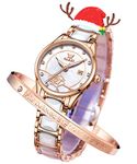 OLEVS Ladies Watch Rose Gold Ceramic Designer Elegant Note Fashion Luxury 3ATM Date Waterproof Luminous Green Valentine's Day Present Quartz, White Dial, Fashion Dress