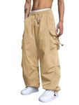 ZAFUL Men's Parachute Cargo Pants Loose Fit Y2K Pants Drawstring Casual Pants Pocket Design Beam Feet Trousers, Khaki, Medium