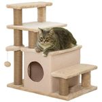 PawHut Adjustable Height Cat Stairs with Jute Scratching Posts, Cat House for Cozy Rest, Pet Steps for Couch Sofa and High Bed with Hanging Ball, Front Hole, Platform, Beige