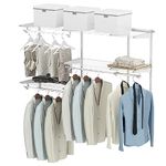 COSTWAY Closet Organiser System, Wall-Mounted Adjustable Metal Rail Garment Rack, Space Saving Clothes Storage Unit for Wardrobe and Bedroom (3 Hanging Rods + 4 Storage Shelves, White)