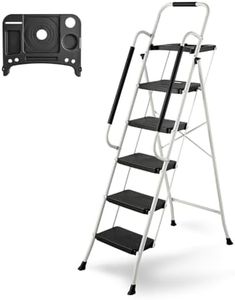 PMEIXU 5 Step Ladder with Handrails, 330LBS Capacity, Folding Step Stool with Tool Platform, Anti-Slip Wide Pedal, Sturdy Steel Ladder for Adults for Home Kitchen Library Office,White