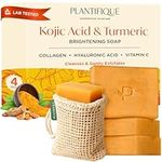 PLANTIFIQUE Kojic Acid Soap with Turmeric - 4 Pack with Mesh Bag - Face & Body Cleanser Bars with Hyaluronic Acid, Collagen & Vitamin C – Gentle Exfoliating Vegan Skincare, 320 g