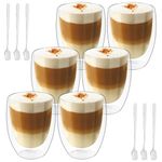 6x350ml Double Walled Glass Coffee Mugs with Spoon, Heat Resistant, Clear Double Glass Coffee Cups for Cappuccino Latte Tea Juice Milk Ice Cream