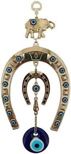 Erbulus Turkish Silver Horse Shoe Blue Evil Eye Wall Hanging Ornament with Elephant - Turkish Nazar Bead Amulet – Home Protection and Good Luck Charm Gift in a Box