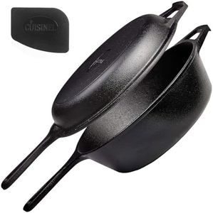 Cuisinel Cast Iron 2-In-1 Multi Cooker - 3-Quart Dutch Oven and Skillet Lid Set Oven Safe Cookware + Black Pan Scraper - Use As Dutch Oven and Frying Pan - Indoor and Outdoor Use - Grill, Stovetop