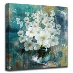 Canvas Wall Art Framed Bathrooms Wall Decor Modern Gallery Wall Decor Print White Flowers Theme Retro Picture Blue-Green Artwork for Kitchen Bedroom Office Home Decor Size 14"x14" , One Panel