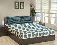 Trance Home Linen 200TC 100% Cotton Elastic Fitted Bedsheet | Printed Queen Bed Size Elasticated Fitted Bedspread with 2 Pillow Covers (Queen 78x60 inch, Damask & Dori - Blue)