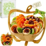 NUT CRAVINGS Gourmet Collection - Holiday Christmas Dried Fruit Wooden Apple-Shaped Gift Basket + Tray (9 Assortment) Xmas Flower Arrangement Platter with Green Ribbon - Healthy Kosher