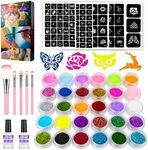 Temporary Glitter Tattoos Kit for Kids, 24 Large Glitter Colors & 6 Fluorescent Colors, 105 Stencils, Body Glitter Nail Art Glow in Dark Tattoo, Body Glitter Festival Party with 5 Brushes 2 Glue