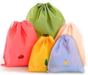 ACEmedia Set of 5 Nylon drawstring bag waterproof clothing storage bag,PE plastic folding sports home for travel storage and use,string bag, shoe bag