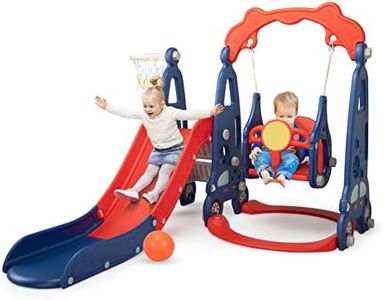 4 in 1 Slide Climber Swing Set, Freestanding Toddler Slide Climber Playset with Basketball Hoop, Toddler Playground Indoor Outdoor, Easy Setup (Red)