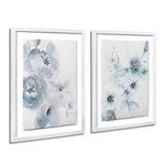 ArtbyHannah Framed Bathroom Wall Art, 12x16 Tear Wall Art with Blue Watercolor Flowers Deckled Edge Prints Floating Art Mount for Bedroom,Washroom,White Frames, 2 Pack