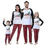 MyFav Matching Family Pyjamas Sets Christmas PJ's Sleepwear Long Sleeve Lorries Print Top with Plaid Pants Nightwear,White,Kids,4Y