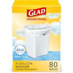 Glad Medium Kitchen Drawstring Trash Bags 8 Gallon White Trash Bag, Fresh Clean Scent, 80 Count