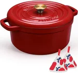 Overmont Enameled Cast Iron Dutch Oven - 5QT Pot with Lid Cookbook & Cotton Potholders - Heavy-Duty Cookware for Braising, Stews, Roasting, Bread Baking red