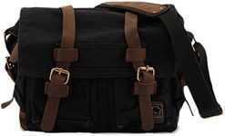 Sechunk Vintage Military Leather Canvas Laptop Bag Messenger Bags Medium, Black, Large-17‘’