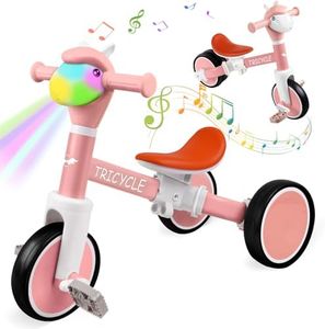 Tricycle for Toddlers 1-3 Year Olds, Toddler Balance Bike for Boys Girls 2-4, Toddler Tricycle with Light and Music Front End, Kids Bicycle with Removable Pedal, Birthday Gifts for 1 2 3 4 5 Kids pink