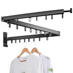 FOLDABLES Aluminium Wall Mounted Premium Clothes Hanger Rack,Retractable Clothes Drying Rack Folding Indoor,Laundry Drying Rack,Collapsible Trifold with 24 J-Hooks Laundry Rack Black