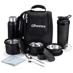 oliveware Teso Fuel Meal Combo Lunch Box Set | Set of 3 Containers (290ml, 450ml, 600ml) | Pickle Box (130ml) | Stainless Steel Bottle (750ml) | Gym Shakker (750ml) | Cutlery Set & Napkin