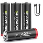 Delyeepow USB AA Rechargeable Batteries,1.5V Lithium Batteries,AA Rechargeable 3400mWh with USB Cable,1500 Cycle, Low Self Discharge,4‐Pack