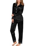 SWOMOG Satin Women Pyjamas Set Long Sleeve Pyjamas Button-Down Sleepwear Soft Silk Pjs Black