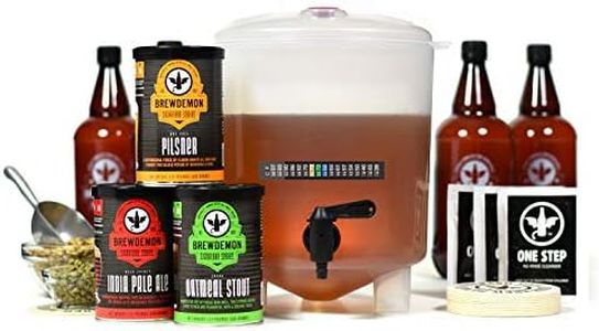 BrewDemon Premium Beer Kit Bonus with Bottles - Conical Fermenter Eliminates Sediment and Makes Great Tasting Home Made Beer - 1 Gal. Pilsner, Stout, and IPA Recipes