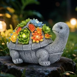 VMANYFIRE Solar Turtle Statue Garden Decor for Outside with Succulents and 7 LED Lights – Cute Lawn Ornaments for Patio, Porch, Balcony & Yard – Unique Birthday Gifts for Women Mom Grandma Wife
