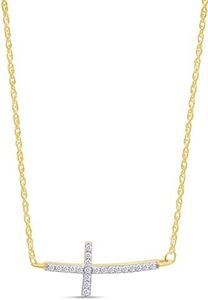 THE JEWEL ZONE White Cubic Zirconia Micro Pave Sideways Curved Cross Pendant Necklace in14k Yellow Gold Over Sterling Silver