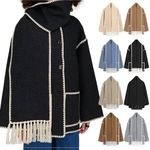 Womens Embroidered Scarf Jacket Oversized Wool Blend Jacket Long Sleeve Button Down Coat Winter Warm Outerwear with Tassel Scarf(01-Black,S)