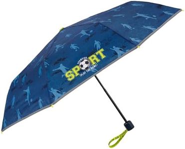 PERLETTI Paraguas Plegable Niño Fútbol Azul - Paraguas Niños Pequeño Antiviento con Detalles Reflectantes - Mini Paraguas Infantil Deporte con Apertura Manual Años 7+ - Diámetro 91 cm (Football)