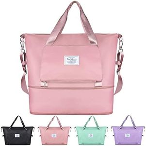 SYOURSELF Travel Bag, Travel Duffel Bag Weekender Bags for Women Men Large Capacity Folding Travel Bags, Expandable Dry Wet Separated Gym Bag Carry on Bag Overnight Bag with Shoulder Strap (Pink)