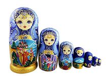 Winterworm Set 7 Pcs Fairy Tale Blue Gold Glazed Toddler Doll Wooden Stacking Toy Traditional Russian Nesting Dolls Handmade Matryoshka Doll Kids Toy Souvenir