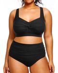 Tempt Me Women Plus Size High Waisted Bikini Set Two Piece Swimsuit Tummy Control Bathing Suits, Black, 14 Plus