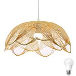 Handwoven Bamboo Pendant Light Flower Shape Natural Bamboo Chandelier Ceiling Light Ceiling Lamp,Rural Style Chandelier for Bedroom, Dining Room, Living Room