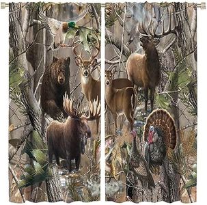 Forest Camouflage Blackout Window Curtain, Camo Rustic Deer Elk Bird Bear Home Drapes Thermal Insulated Room Darkening Curtains for Living Room Bedroom Window Drapes 2 Panels 42x45 Inch