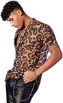 OYOANGLE Men's All Over Print Short Sleeve Button Up Shirt Vacation Casual Collared Shirts Brown Leopard X-Large