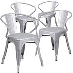 Flash Furniture Commercial Grade 4 Pack Metal Indoor-Outdoor Chair with Arms, Silver, Set of 4