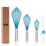 OYV Silicone Whisk,Professional Whisks for Cooking Non Scratch,Stainless Steel & Silicone Wisk,Plastic Rubber Whisk Tool for Nonstick Cookware Pans,Silicon Wisks Set of 3,Blue.