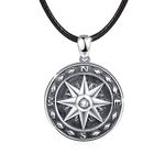 KINGWHYTE Compass Necklace 925 Sterling Silver mens jewellery pendant necklace black necklace for Men Boys with Leather Rope length 20inch (50cm)