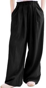Rolanko Girls Wide Leg Pants Flowy Paperbag Summer Palazzo Trousers with Pockets Kids Linen Pants (Black, 12-14)