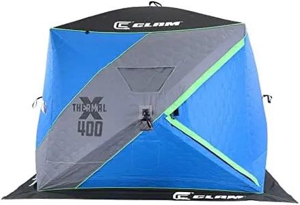 CLAM X400 8 x 8 Foot Portable Pop-Up Outdoor Ice Fishing Shelter 4 Sided Thermal Hub Shelter Tent with Anchors and Carry Bag, Blue